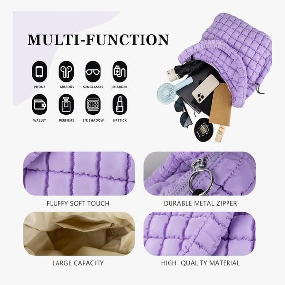 Quilted Puffer Tote Bag Large Crossbody Shoulder Bag with Zipper (023) - Picture 3 of 6